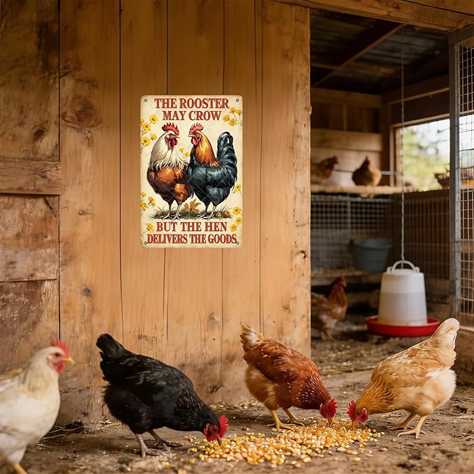 Funny Rooster Signs The Rooster May Crow But The Hen Delivers The Goods Rustic Tin Sign for Home Farm Chicken Coop Decor 12x8 Inch