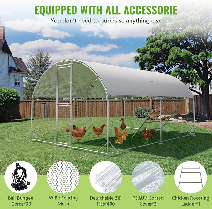 Large Metal Chicken Coop, 10x13x6.5FT Chicken Runs for Yard with Cover and Roosting Perch, Split Doors Walk in Chicken Coop