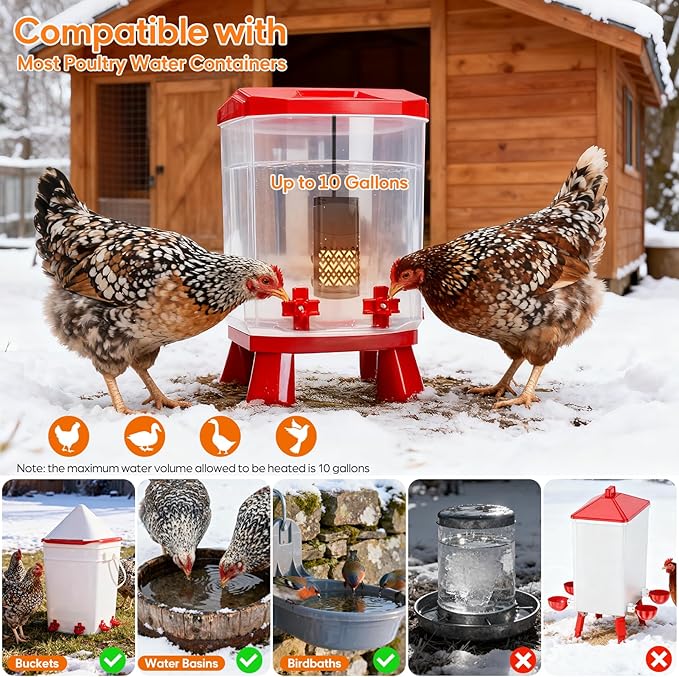 PTC Chicken Water Heater for Winter with Waterproof Thermostat Chicken Waterer Heater with LCD Display, Adjustable Temp, Energy-efficient, Safe Heated Poultry Waterer for Chicken, Pet, Bird Bath