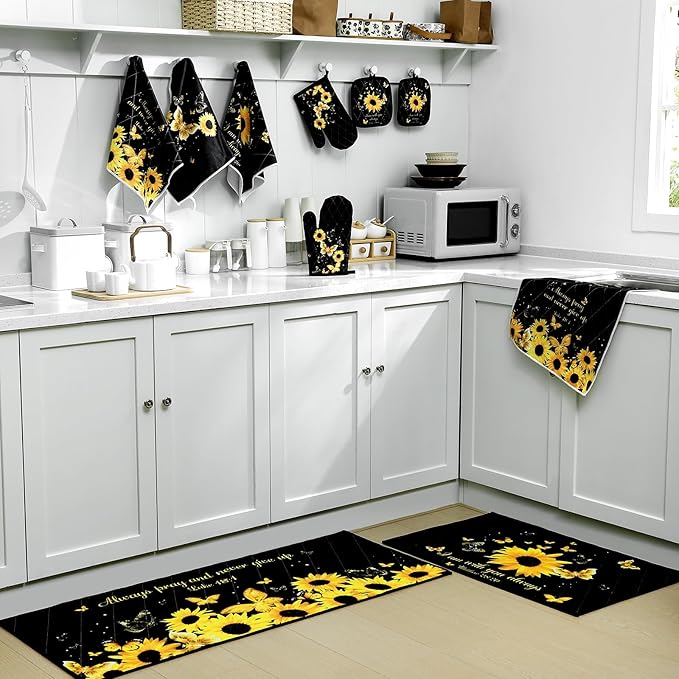 10 Pcs Sunflower Butterfly Kitchen Dish Towels Rugs Oven Mitts and Pot Holders Set Farmhouse Kitchen Decor Set for Women Mom Daughter Gift Cooking Baking Grilling (Bright Black)
