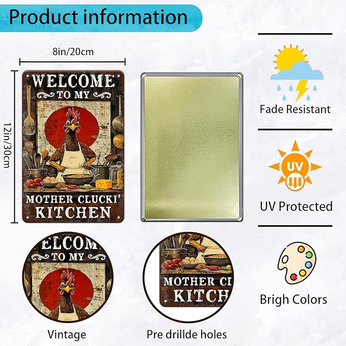 Funny Chicken Signs Welcome To My Kitchen Humorous Cartoon Rooster Cooking Aluminium Sign Metal Chicken Signs Decor Home Ktichen Farm Are Wall 12x8 Inch Vintage Chicken Signs Metal Tin Poster