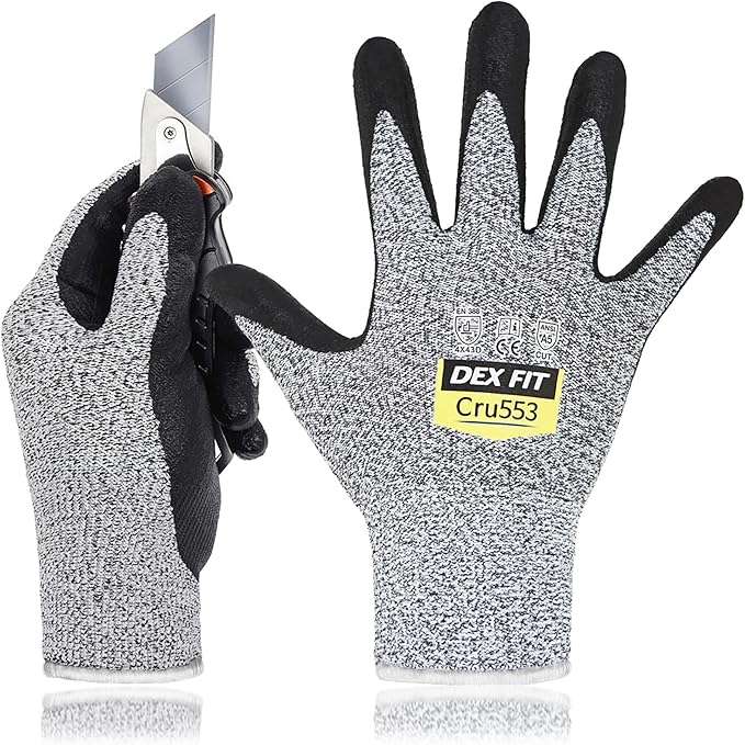 DEX FIT Level 5 Cut Resistant Gloves Cru553, 3D-Comfort Fit, Firm Grip, Thin & Lightweight, Touch-Screen Compatible, Durable, Breathable & Cool, Machine Washable; Grey S (7) 1 Pair