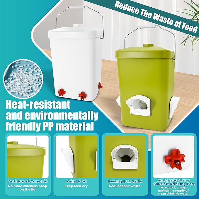 Automatic Chicken Feeder and Waterer Set 3 Gallon/25 Pounds No Waste Poultry Feeder Rain Proof Large Chicken Feeders Chicken Coop Accessories (Grass Green and White)