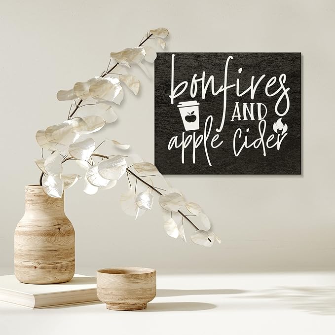JennyGems Bonfires & Apple Cider Wooden Sign Cozy Fall Farmhouse Decor, Rustic Autumn Decorations, Made in USA