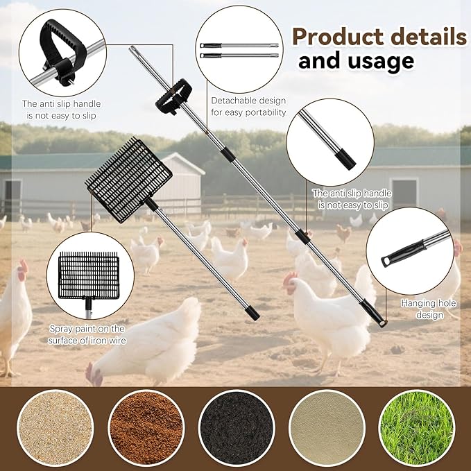 2 Rake Heads Chicken Coop Scoop 2 in 1 Metal Grid Chicken Poop Scooper 37.4 to 68.9 Inch Adjustable Stainless Steel Handle with Ergonomic Grip Farm and Poultry Litter Scoop with Gloves