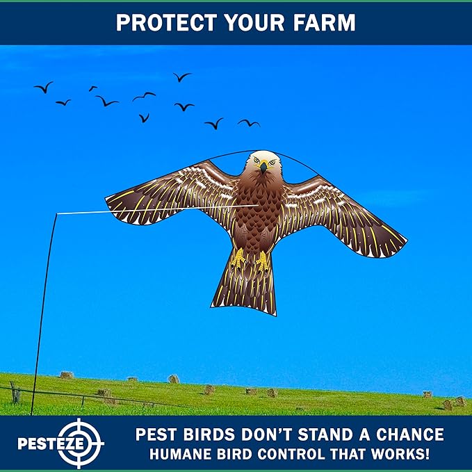 PESTEZE USA Hawk 47x27 Inch Kite with 13 Ft Flagpole. Provides Humane Bird Deterrence in Yards & Farms. Protects Vegetables, Fruits & Crops from Pest Birds & Critters