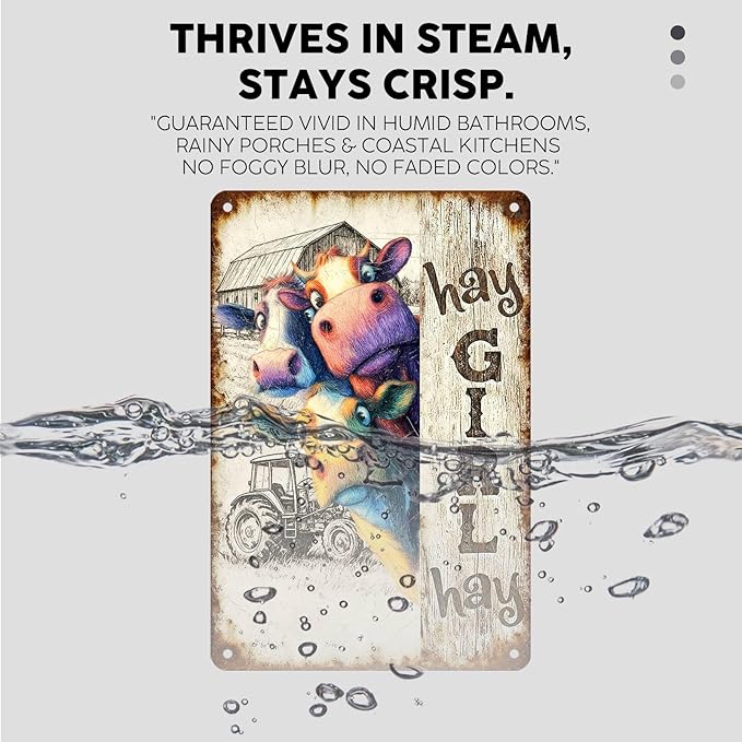 Vintage Cow Tin Sign Hay Girl Hay Retro Metal Poster Rustic Nostalgic Metal Sign Wall Decor For Home Farmhouse Farm Room Cafe Bedroom Office Living Room Man cave 12 * 8In