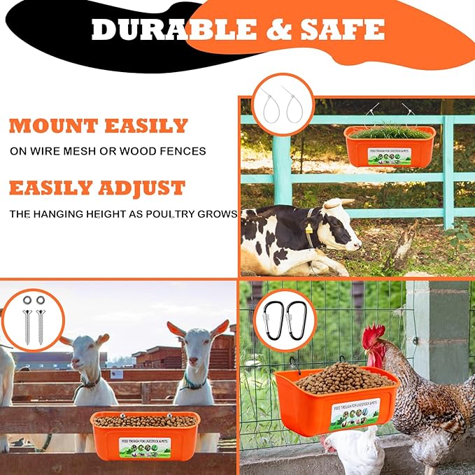 3 Pack Chicken Feeder, Duck Feeder Supplies, Hanging Fence Feed Trough with Clips for Goat, Sheeple, Piglet, Gooses, Turkeys, Dog Livestock Poultry, 8 Quarts in Total, Feed Scoop Included, Orange