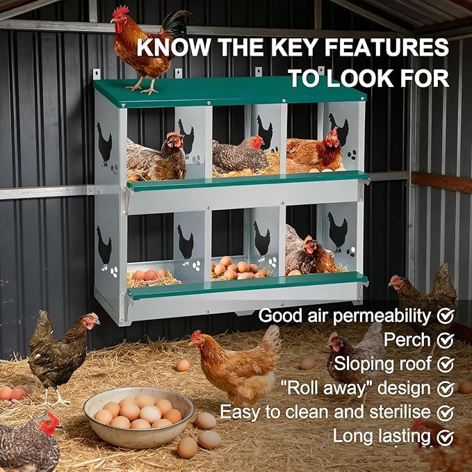 Garvee Large Metal Chicken Nesting Boxes for Hens, 6 Compartment Galvanized Steel Nesting Box with Legs, Includes 4 Fake Eggs & 10 Soft Nest Pads, Wall Mount or Freestanding for Coop & Farm