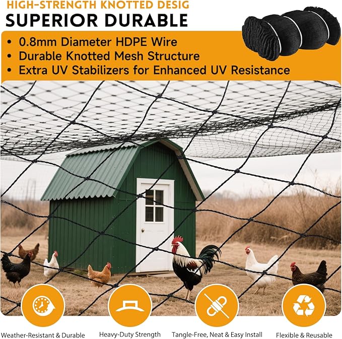 Heavy Duty Chicken Netting for Hawks with 1" Mesh, 25x25 ft Reinforced HDPE Bird Netting & Poultry Net, Deer Fence Netting for Protecting Fruit Trees, Vegetables & Plants from Birds & Other Animals