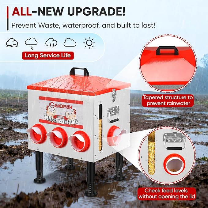 GADFISH 55 lbs Large Capacity Automatic Chicken Feeder - 8 Feeding Ports, No Waste Chicken Feeder, Height-Adjustable Legs & Secure Locking Lid for Chickens, Ducks & Poultry