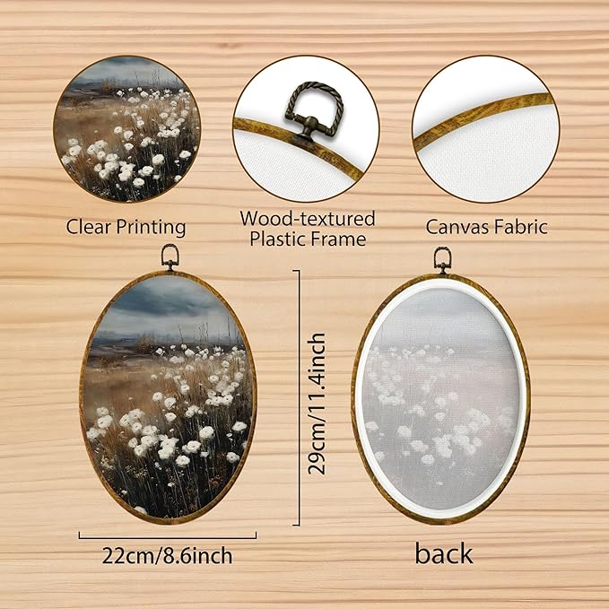 Hiuwevt Vintage Rustic Floral Oval Wall Art Decor, Farmhouse Landscape Framed Canvas Prints, Country Floral Botanical Oval Wall Hanging Decor for Home Bedroom Living Room Decorations, 8.6x11.4 Inches
