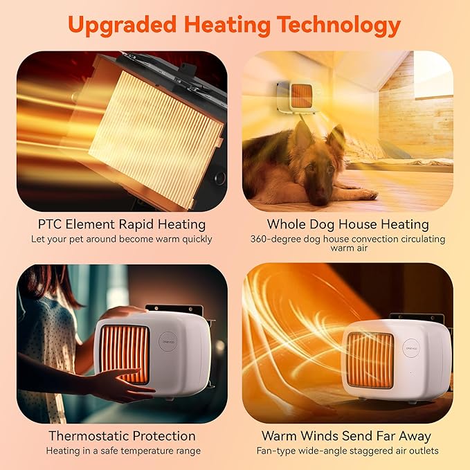 Dreyoo 600/300W Dog House Heater with Thermostat, Pet Heater with 6FT Anti Chew Cord and Safe Overheat Protection, 2 Heating Mode Pet Warmer for Dogs Chicken Coops Rabbits(White,1 Pcs)