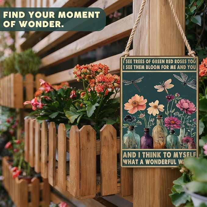 PEACHGARDEN What a Wonderful World Vintage Tin Signs Hippie Boho Wall Art Dragonfly Wall Decor Encouragement Gifts for Women Home Kitchen Bedroom Living Room Cafes 8x12 inch