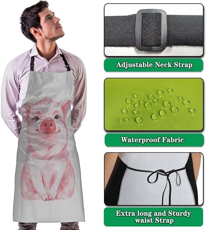 Cook Apron Women Lovely Pink Pig Watercolor Cooking Aprons for Men for Kitchen Cooking Restaurant BBQ Painting Crafting Gardening 27” (W) x 31” (H), Waterproof Aprons