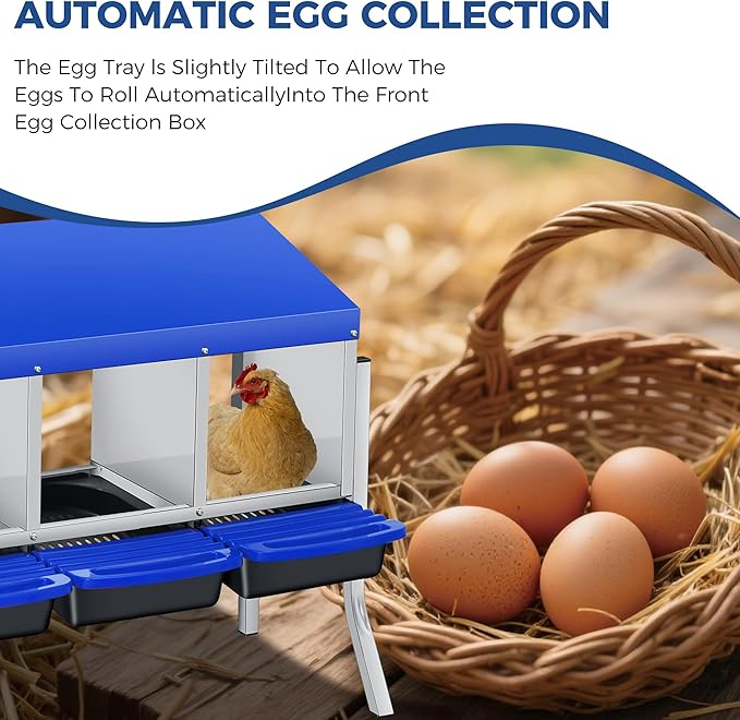 Chicken Nesting Box, 3-Hole Wall Mount Metal Chicken Nesting Box with Rollout Egg Collection & Easy-Clean Pull Out Tray, Roll Away Hen Roosting Boxes