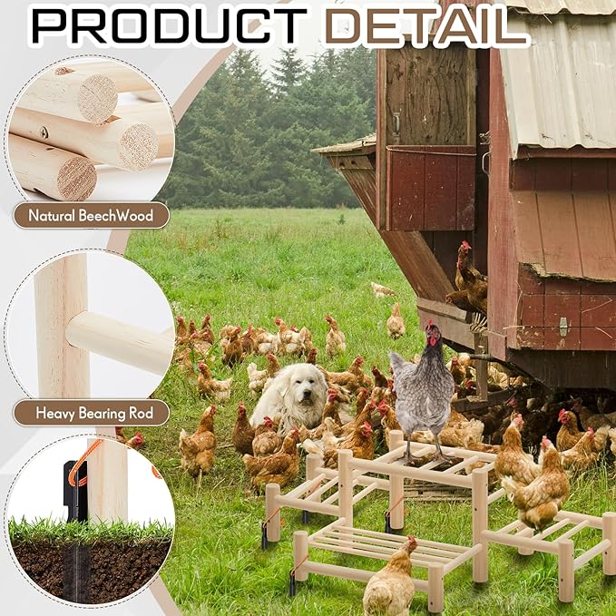 Leinuosen 4 Ladder Large Chicken Perch Ladder for Coop & Brooder Pine Wood Chick Roosting Bars with 4 Black Camping Nails, Poultry Jungle Gym Accessories