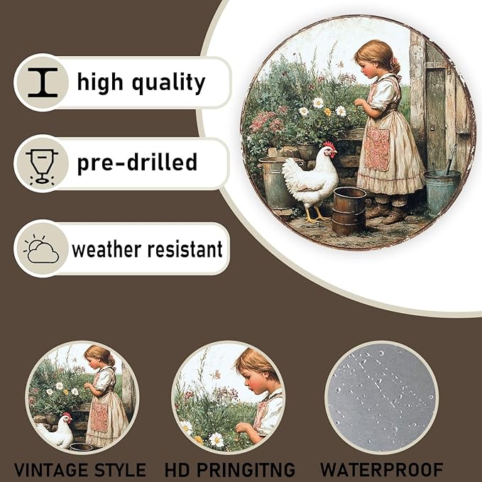 Funny Girl Chicken Rustic Round Garden Metal Signs Vintage Tin Sign Retro Wall Wreath Decor for Home Garden Yard Bar Cafe Farmhouse Garage Indoor Outdoor 8 Inch