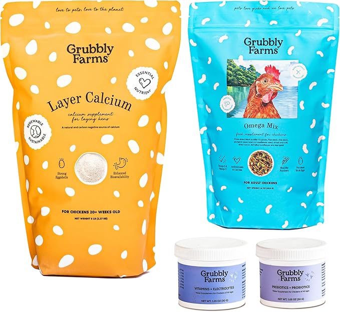 Grubbly Farms Supplements Bundle - Layer Calcium, Probiotics+Prebiotics, Vitamins+Electrolytes & Omega Mix - Complete Nutrition Support, Strong Eggshells & Digestive Wellness for Laying Hens - 4 Pack