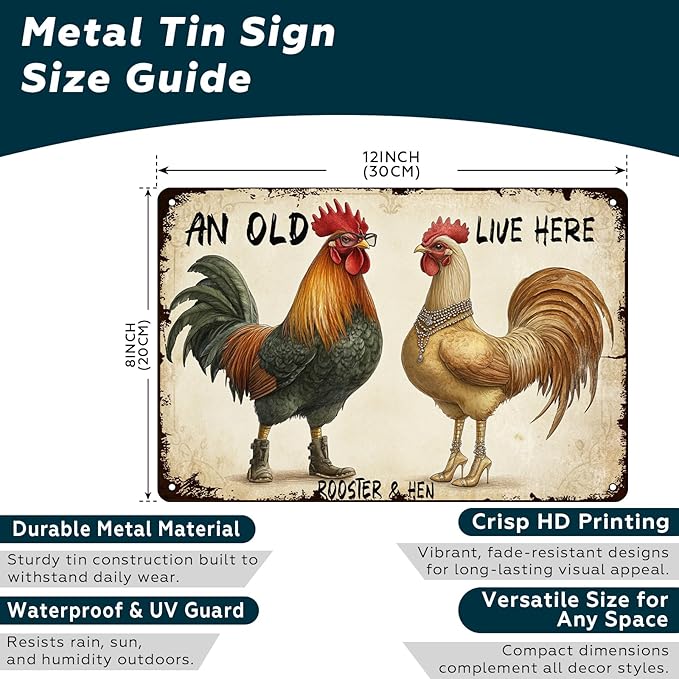 Funny Chicken Metal Sign An Old Rooster A Cute Chick Live Here Vintage Tin Sign For Home Farm Chicken Coop Farmhouse Kicthen Garden Decor 12x8 Inch