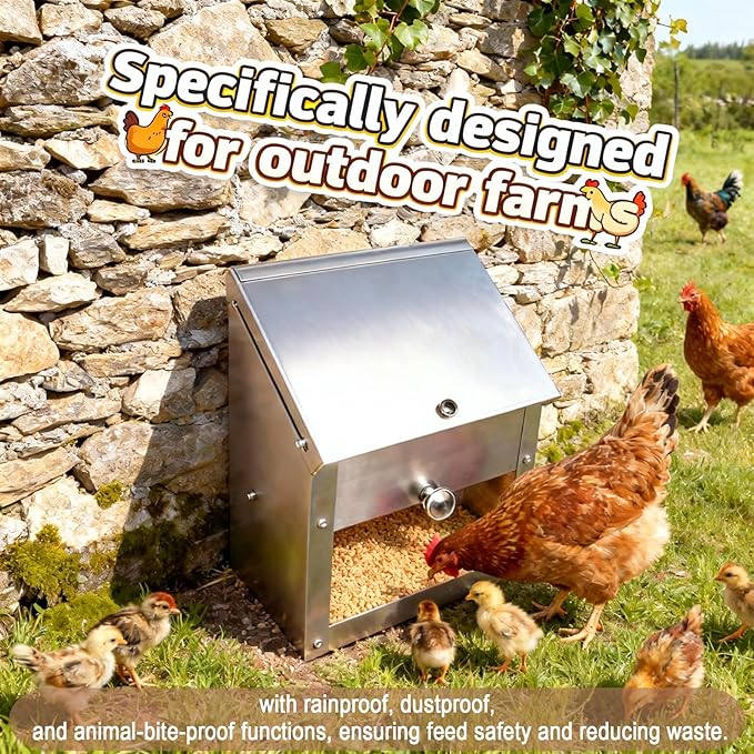 Stainless Steel Chicken Feeder 8Lbs - Manual Feed Quantity Control & Wall Mount Gravity Poultry Feeder with Push-Pull Lid for Chickens Ducks Geese Small Animals Indoor and Outdoor
