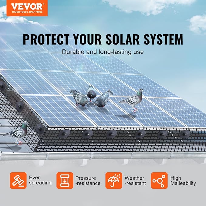 VEVOR Solar Panel Bird Guard 6inch x 98ft PVC Coated Mesh Roll Kit with 100pcs Fasteners, 50pcs Tie Wires,Critter Fence,Pigeon Proofing, Black