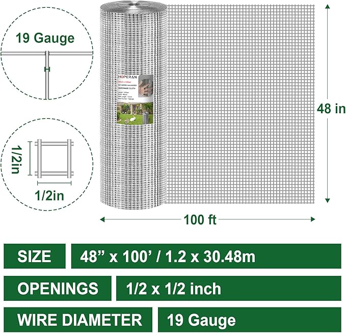 HOPERAN Hardware Cloth 1/2 Inch 48 x 100 ft - 19 Gauge Chicken Wire Fencing Mesh, Hot Dipped Galvanized After Welding, Wire Fence Rolls for Garden Fencing, Gopher Wire Rabbit Wire Poultry Netting