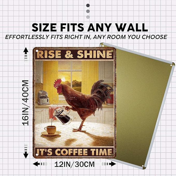 Vintage Chicken Tin Sign Rise & Shine It's Coffee Time Retro Coffee Metal Sign Funny Chicken Lovers Nostalgic Rustic Wall Decor For Home Farmhouse Poultry House Kitchen Cafe Bar 16 * 12In