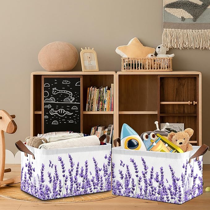 Lavender Storage Baskets,Foldable Organizer Bin with Handles for Home Living Room Bedroom Closet Box 17x11.5x10Inch