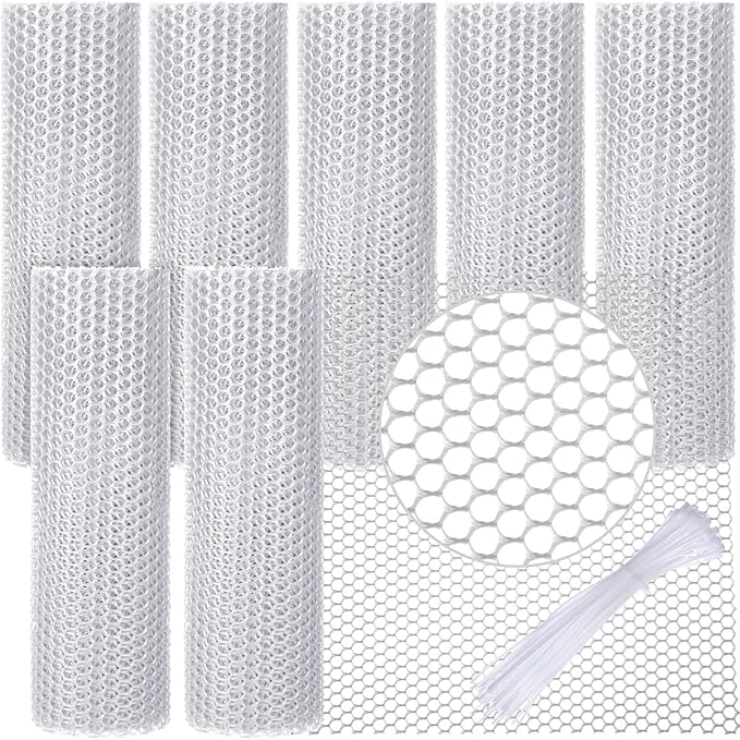 Landical 6 Rolls Plastic Chicken Wire Fencing Mesh 15.7 in x 10 ft Each Plastic Mesh Fence with Zip Ties Hexagonal Poultry Netting Garden Fencing Cat Fencing and Bird Netting(White)