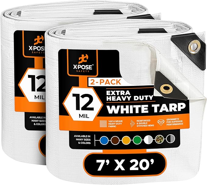 Heavy Duty White Poly Tarp 7' X 20' (2-Pack) - Multipurpose Protective Cover - Durable, Waterproof, Weather Proof, Rip and Tear Resistant - Extra Thick 12 Mil Polyethylene - by Xpose Safety