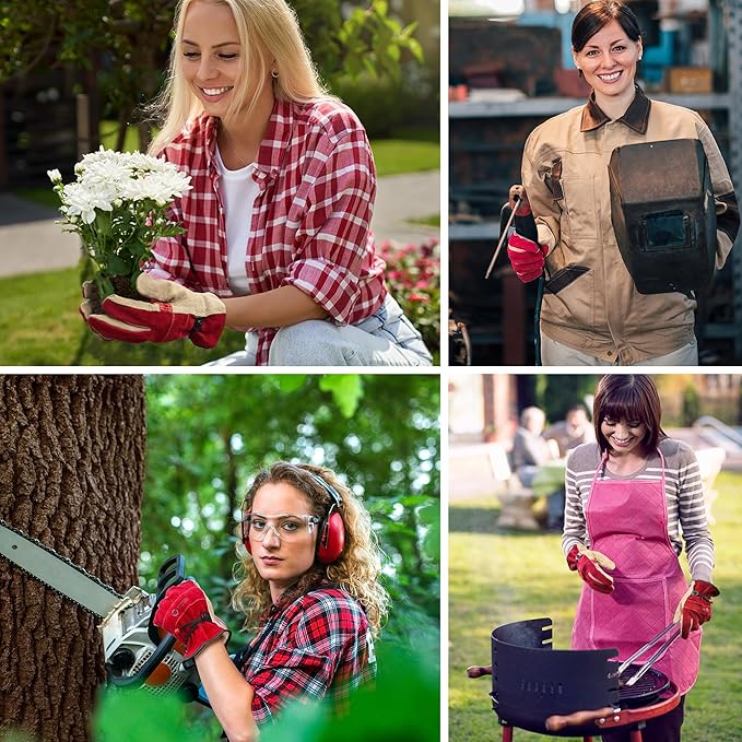 Leather Work Gloves for Women, Medium Glove for Gardening, Tig/Mig Welding, Construction, Chainsaw, Farm, Ranch, etc. Cowhide, Cotton Lined, Utility, Firm Grip, Durable. Rose Red - Grey M