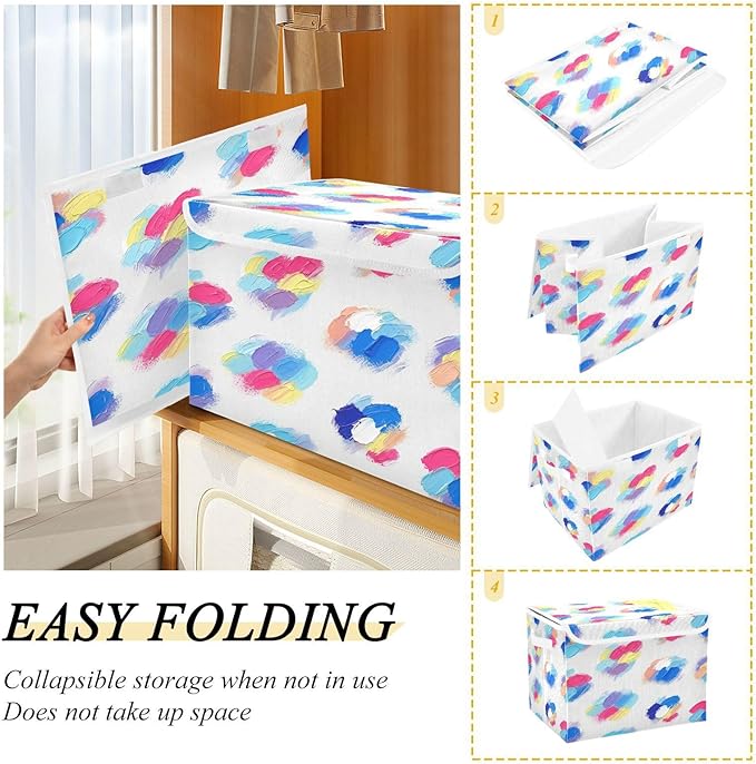 Colorful Brushstroke Pattern Storage Bins with Lids Foldable Storage Basket with Handles Collapsible Large Fabric Organizer Containers for Clothes Shelves Closet Office Home