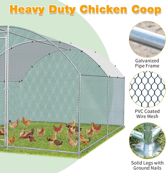 VINGLI Large Metal Chicken Coop, 13.1x9.8 6.5 ft Poultry Cage for Chicken Run, Walk-in Chicken Pen with Waterproof & Anti-UV Cover for Yard Outdoor (Silver-Dome Roof)