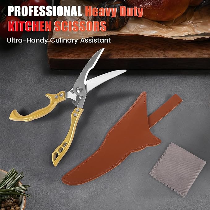 ANDONG Heavy Duty Kitchen Poultry Shears with Serrated Edge, Spring Loaded Kitchen Scissors, Professional Chicken Shears, Gold