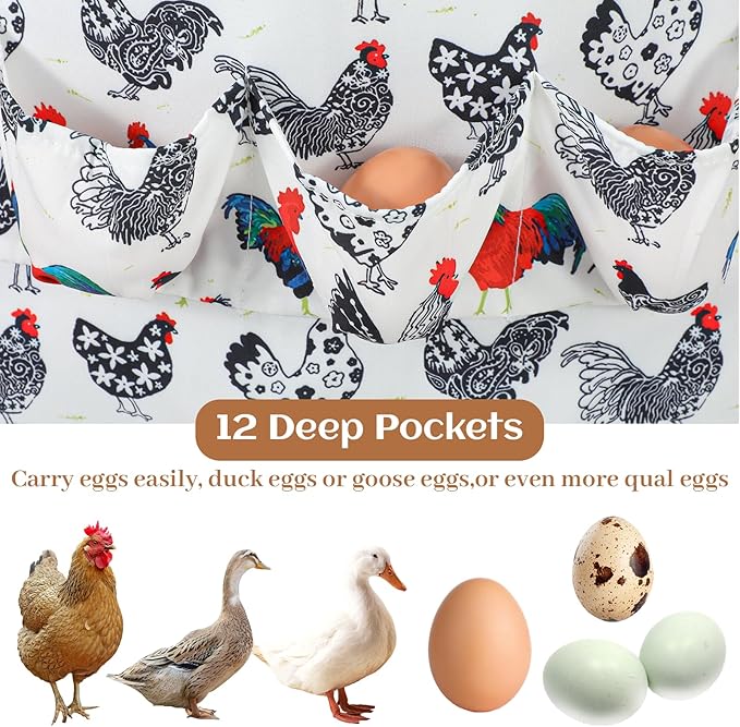 Egg Collecting Apron, Durable Canvas Chicken Egg Apron with 15 Deep Pockets, Elastic Closures and Hook Fresh Eggs Collecting for Chicken Duck Goose Eggs