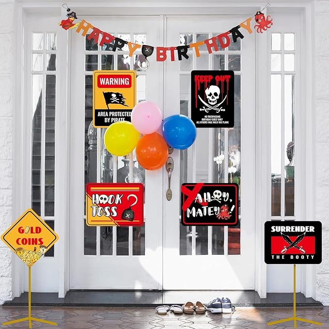 WERNNSAl Pirate Party Decorations - 9 PCS Pirate Halloween Decorations for Boys Kids Caribbean Birthday Party Supplies Funny Pirate Parrot Sign for Halloween Celebration Home Garden Yard Wall Decor