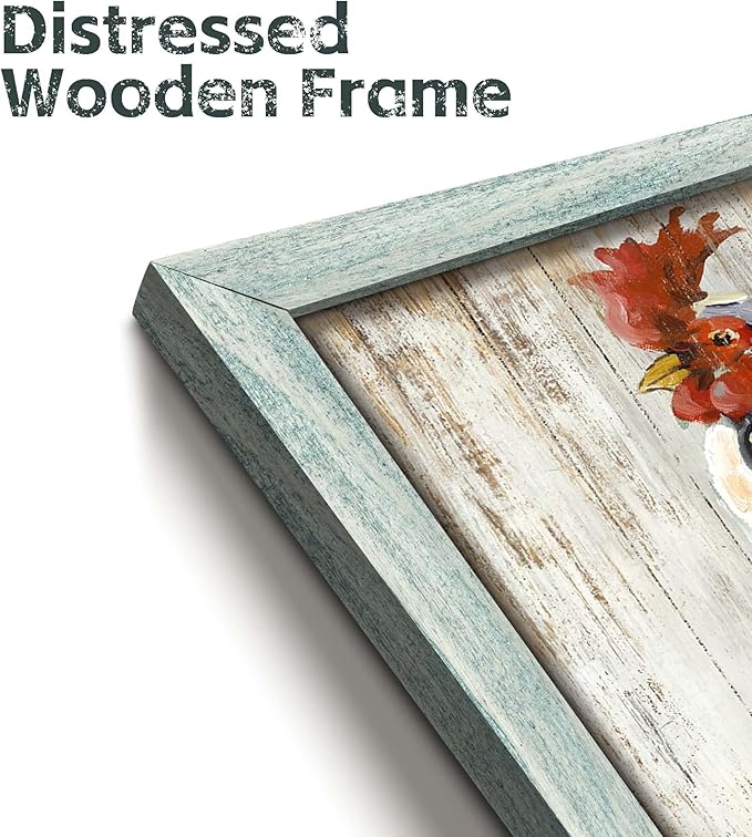 Farm Wall Art Wooden Decor: Rooster Framed Print Rustic Farmhouse Animal Artwork Picture Country Chicken Print Painting for Kitchen Bathroom Living Room 16 x 16 Inches