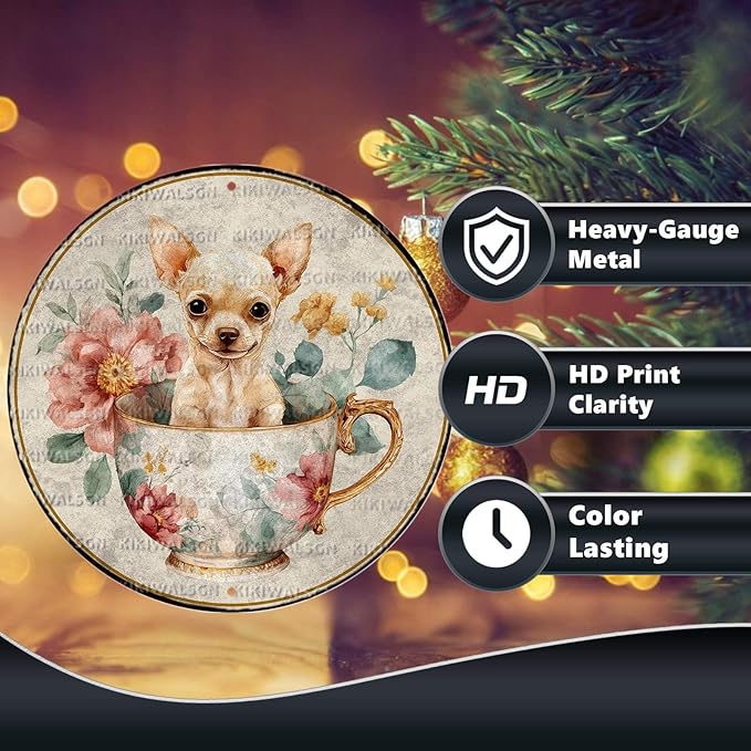Vintage Chihuahua Round Metal Sign Retro Tea And Flower Tin Sign Nostalgic Dog Lovers Wall Decor Decorations for Home Bedroom Living Room Cafe Bar Garden Plaque Yard 8 * 8 In