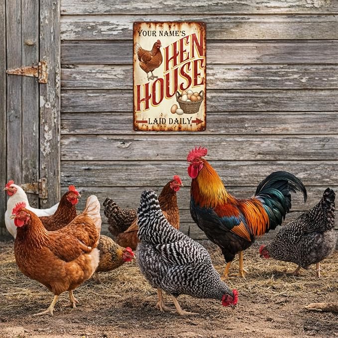 Custom Name Hen House Tin Sign, Personalized Vintage Style Chicken Coop Sign Decor, Rustic Farmhouse Metal Plaque, Ideal Farmhouse Decor for Coops & Home