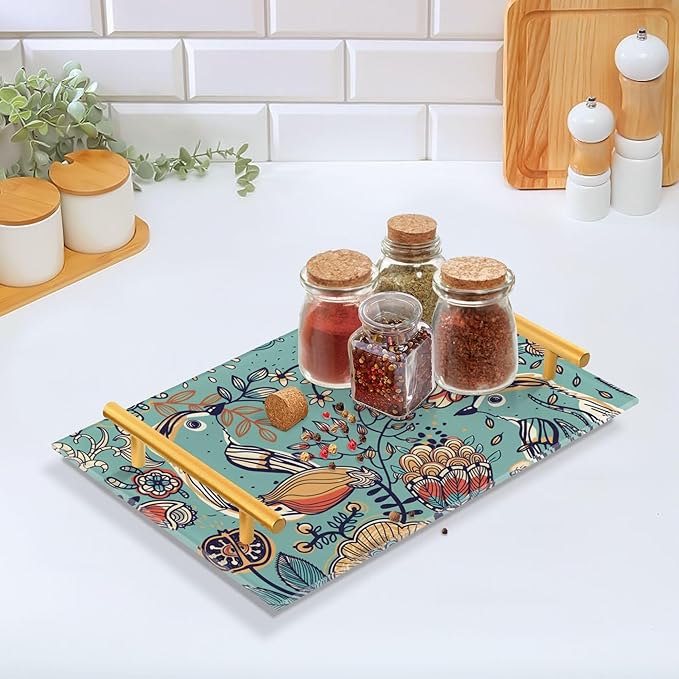 Bathroom Vanity Tray Counter Organizer, Floral and Bird Pattern Turquoise Decorative Tray with Handles Countertop Storage for Bathroom Bedroom Kitchen Home Farmhouse