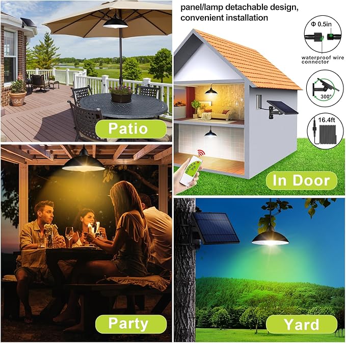 intelamp Solar Pendant Lights Indoor Outdoor, 2 Packs 4000mAh Gazebo Shed Chandeliers with Remote All Day/Night Mode 16.4Ft Hanging Warm White Lighting for Outside Barns Chicken Coop