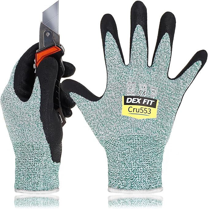 DEX FIT Level 5 Cut Resistant Gloves Cru553, 3D-Comfort Stretchy Fit, Power Grip, Professional Grade, Thin, Touch-Screen Compatible, Durable, Machine Washable; Green S (7) 1 Pair