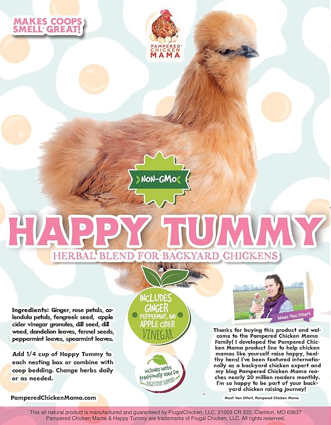 Pampered Chicken Mama Happy Tummy Nesting Herbs for Pet Chickens (10 Ounces) - All-Natural Backyard Chicken Feed Supplies for Hen Nest Boxes