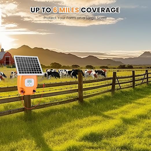 CURECURE Solar Electric Fence Charger with 8100mAh Lithium Battery, 10W Solar Panel, Easy Installation, 6 Miles Range, 1.5 Joules, LED Display, Use for Livestock, Pet, Farm, Garden