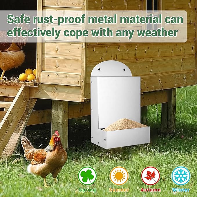 Chicken Feeder,Wall Mounted Galvanized Steel Automatic Chicken Food Dispenser,Hanging Poultry Feeder Outdoor Animal Food Container for Cages,Bunny Chicken Guinea Pig Small Animal,Coop Accessories