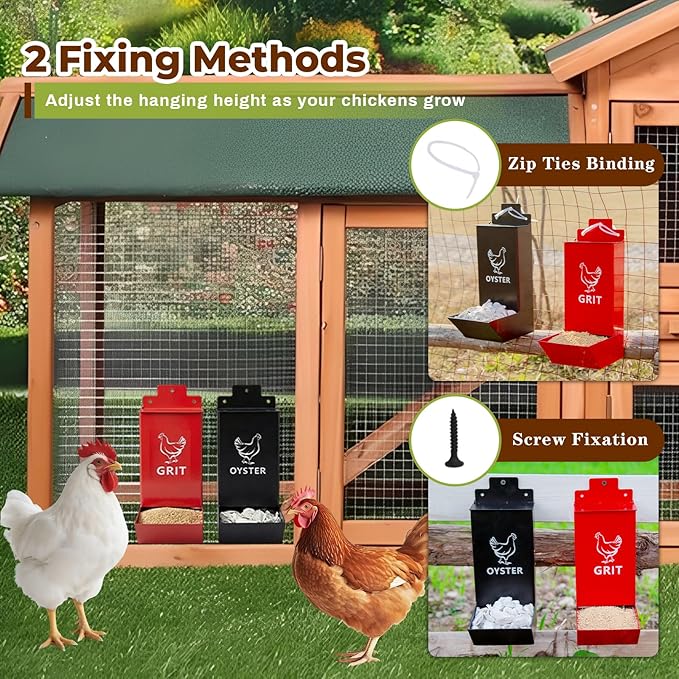 2-Pack Metal Chicken Grit Feeder & Oyster Shell Feeder with Lid-Heavy Duty Hanging Automatic Gravity Poultry Feeder-Chicken Coop Accessories-No Waste Feeders for Hens, Ducks, Quail