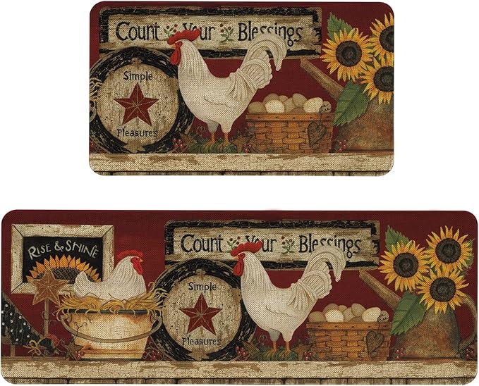 Roszwtit Farmhouse Kitchen Rugs and Mats Set of 2, Farm Rooster Kitchen Mat, Seasonal Holiday Cooking Sets Washable Non-Slip Floor Mats for Home Kitchen Decor - 17x29 and 17x47 Inch
