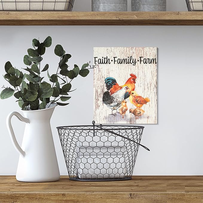 JennyGems Faith Family Farm Wooden Sign, Rustic Farm Signs, Chicken Decor, Farmhouse Decorations, Made in USA