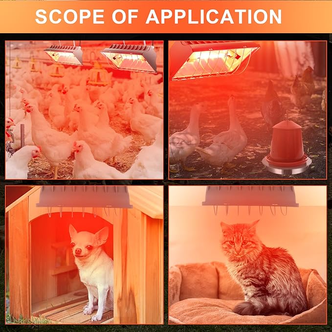 2 Pcs Chicken Coop Heater Set, Adjustable Chicken Heater 90w to 175w and Stainless Steel Water Heated Base Poultry Radiant Heater Chicken House Heating Accessories for Chick Pet Dog Cat